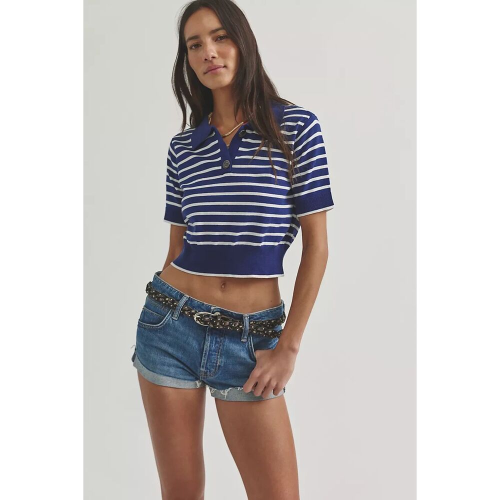 We The Free Perfect Striped Polo Free People blue and white stripe size medium